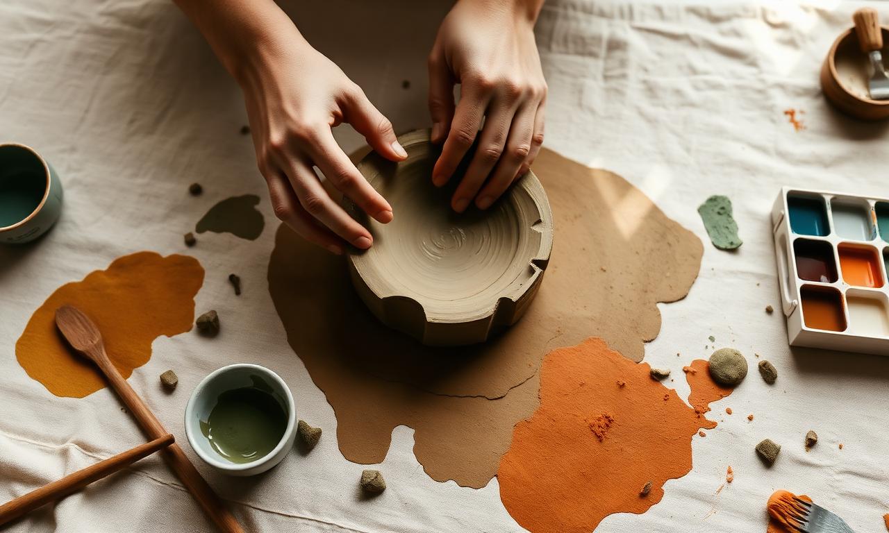 Hands shaping clay on a linen cloth surrounded by paint and earth pigments