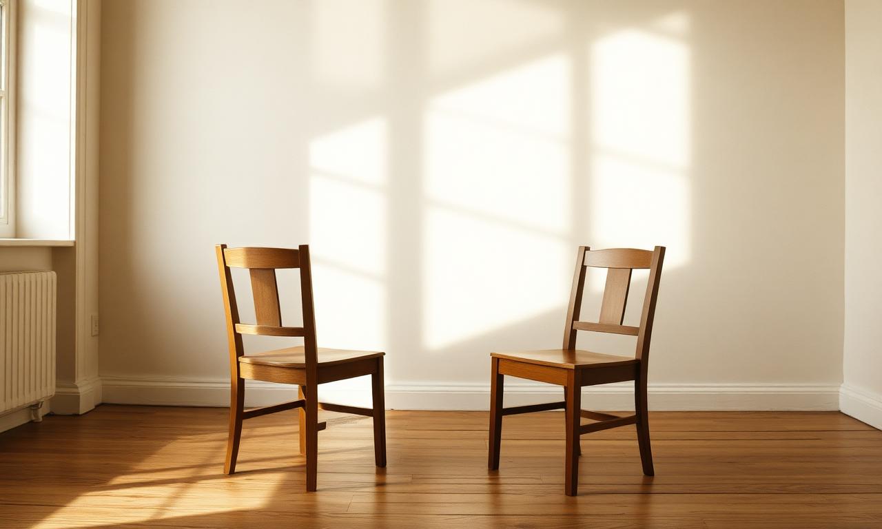 Two empty wooden chairs facing each other in a sunlit room