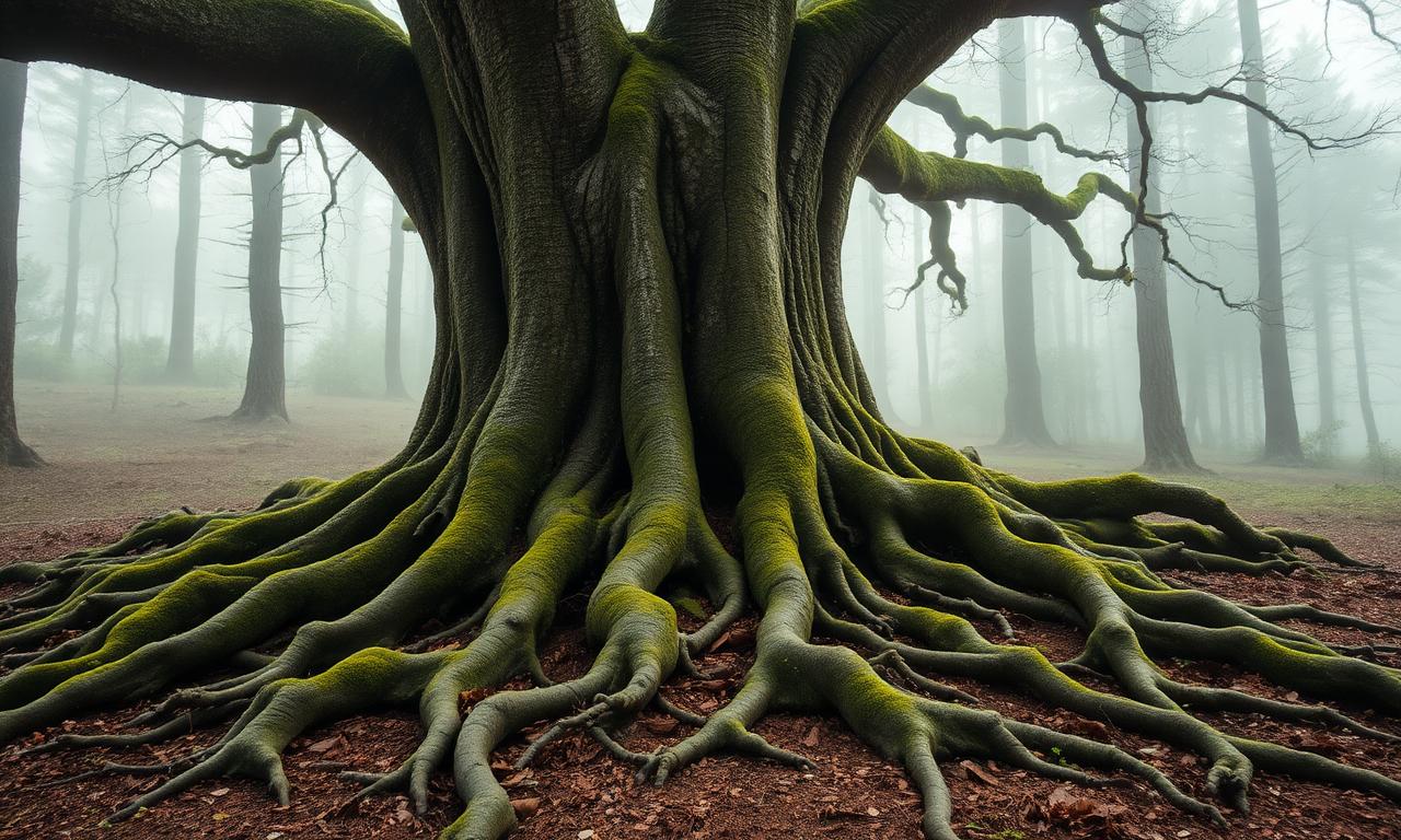 An ancient mossy tree with deep exposed roots in a misty forest
