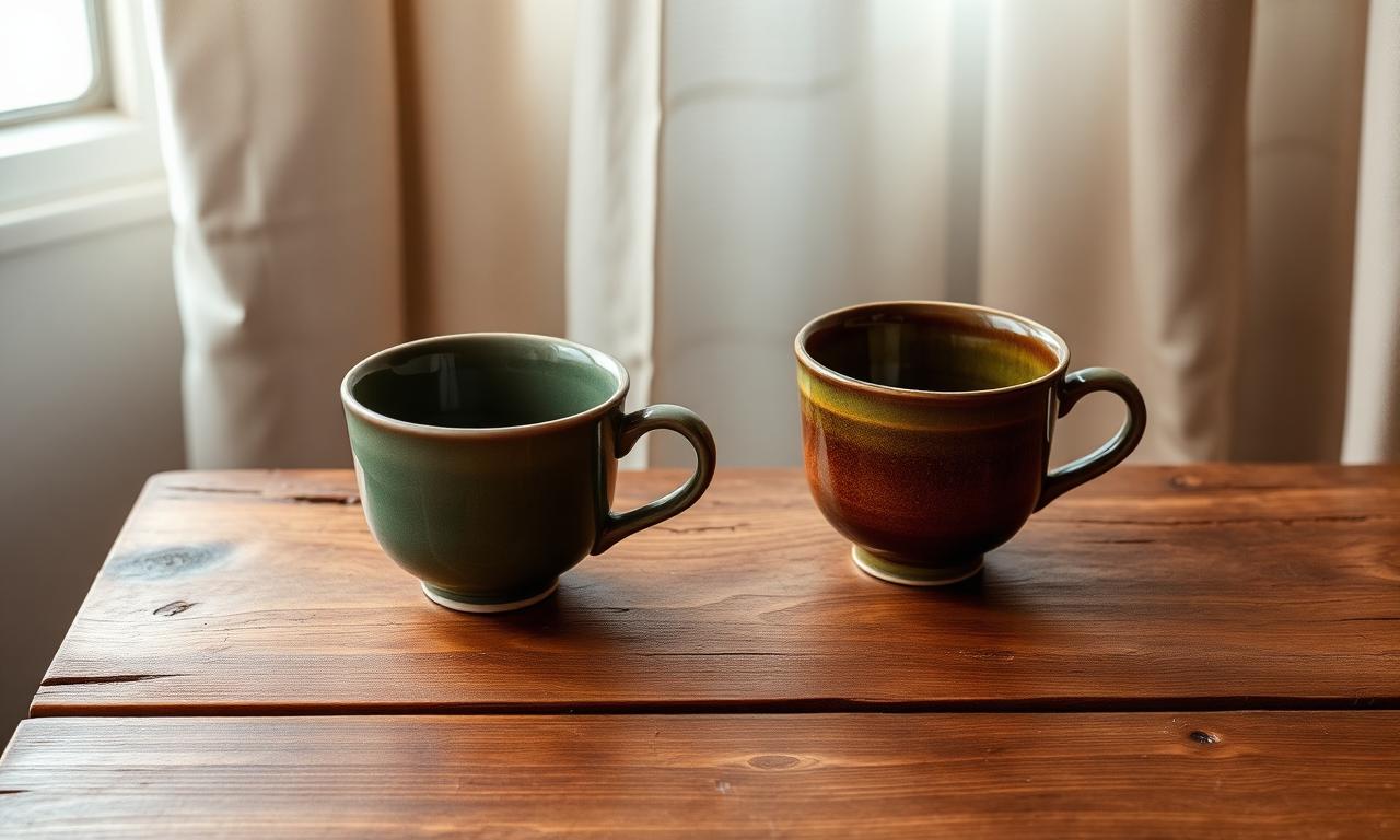 Two ceramic teacups on a wooden table in soft morning light