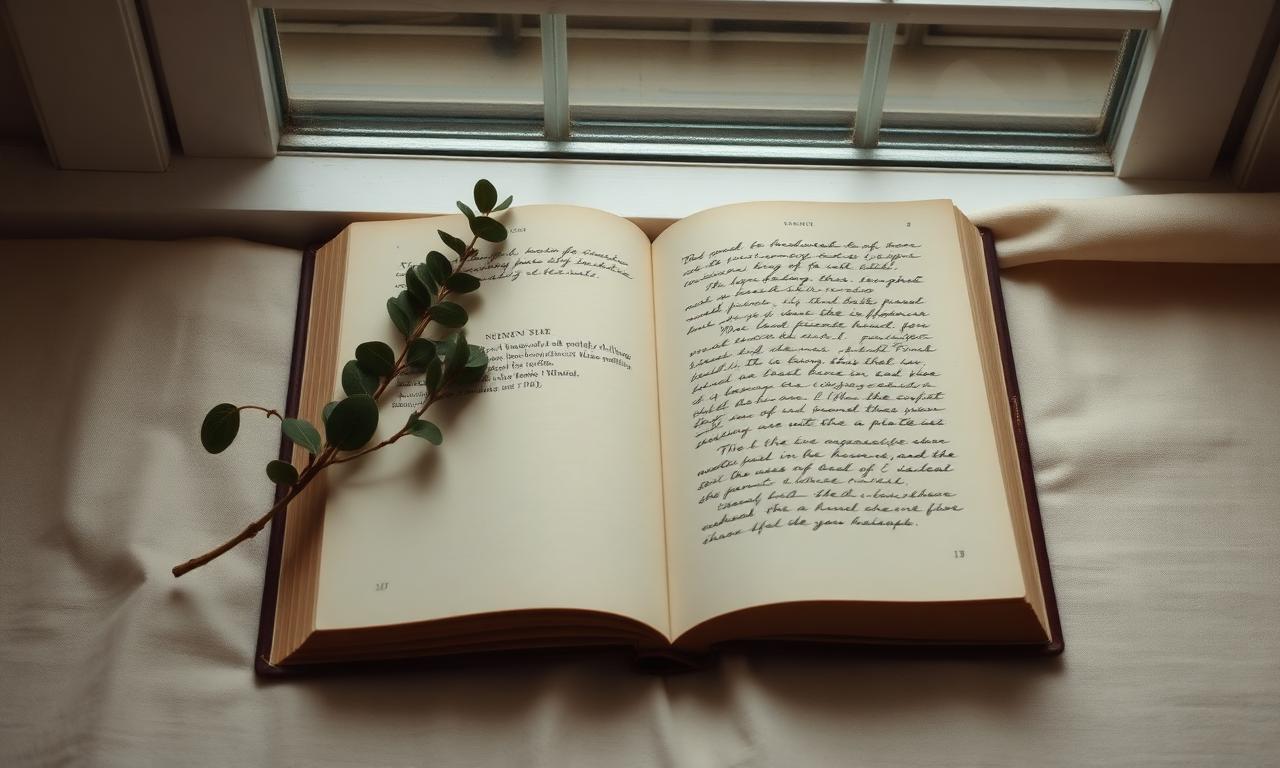 Open vintage book with handwritten notes and a sprig of eucalyptus