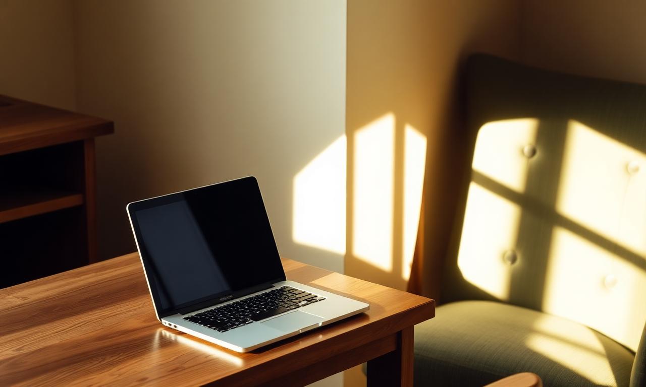 An open laptop on a wooden desk beside a soft armchair in warm light