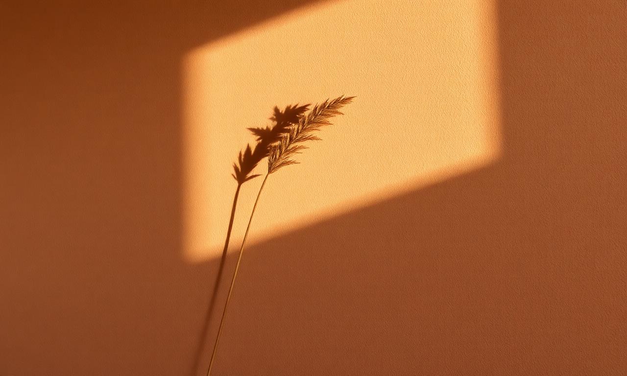 A single wild grass stem casting a long shadow on a warm clay wall