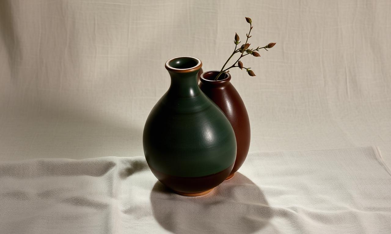 Two intertwined ceramic vessels in green and brown on linen