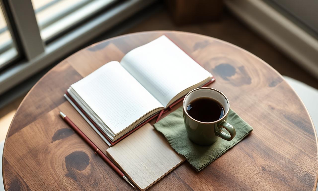 An open notebook and a green mug of coffee on a wooden table